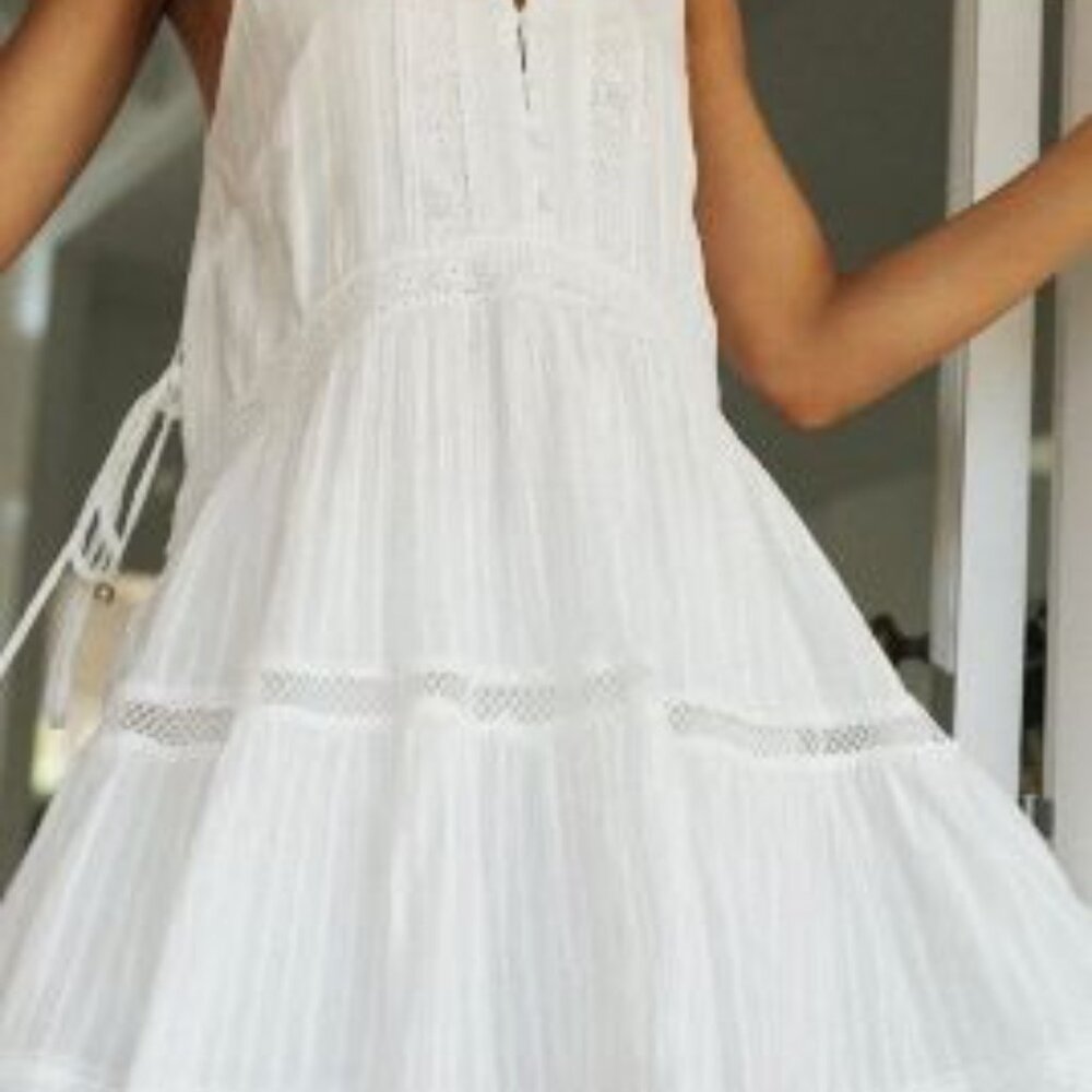 White Patchwork Stand-Up Collar Button Dress Medi… - image 3